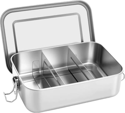 Famanu – Lunchbox van roestvrij staal met 2 vakken: 1400 ml - lekvrij - BPA-vrij - deelbare vakken - ecologische metalen bentobox
