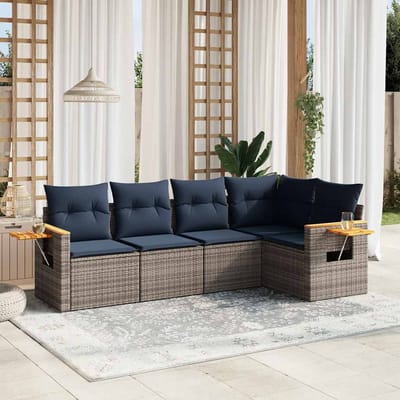 vidaXL - 5-delige - Loungeset - met - kussens - poly - rattan - grijs