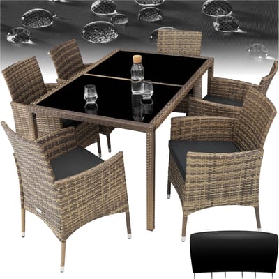 tectake® Wicker Tuinset Porto - Voor 6 Personen - Balkonmeubel - Tuinmeubelset met Tafel en 6 Stoelen - Zitgroep voor Tuin, Terras en Balkon - Inclusief Kussens en Beschermhoes - Natuurkleur - Wicker Set