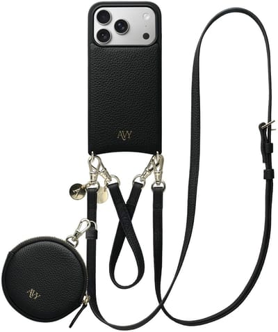 AVY Leren Hoesje geschikt voor Apple iPhone 17 Pro | Met Koord en Mini Telefoontasje | Compatibel met MagSafe | Leather Case met 30CM & 130CM Koord & Pouch | Leather Set | Zwart