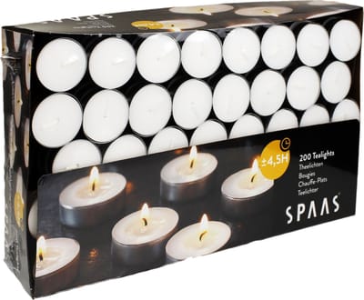 SPAAS Theelichtjes doos 200 stuks Theelichten 4,5 uur brandtijd Waxinelichtjes Roetvrij - Wit - Gastronomie Kwaliteit ook voor Theelicht-Kachel