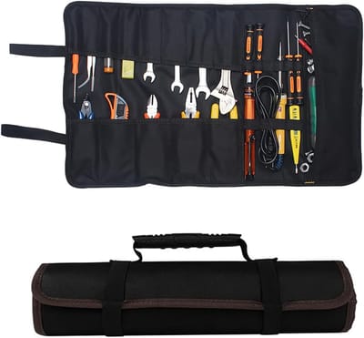 Tool Roller Bag 600D Oxford Zwart met 22 Compartimenten, Waterdicht en Rolbaar voor Elektriciens, Loodgieters en Doe-Het-Zelf Klussen