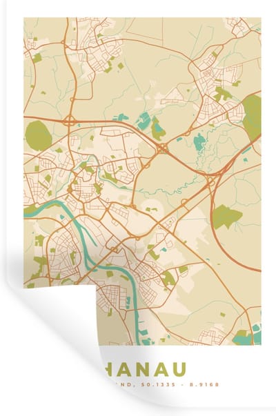 Muurstickers - Sticker Folie - Kaart - Hanau - Plattegrond - Vintage - Stadskaart - 20x30 cm - Plakfolie - Muurstickers Kinderkamer - Zelfklevend Behang - Zelfklevend behangpapier - Stickerfolie