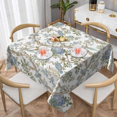 Nappe Carrée Fleurs Oiseaux Bleu Vert Chinoiserie Florale Toile Couvre-Table Décoratif Printemps pour Fête Pique-Nique Cuisine 152x152cm