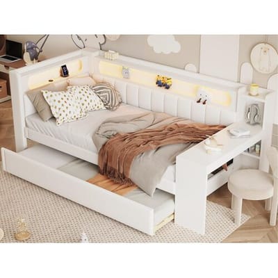 ModernLuxe Gestoffeerde slaapbank 90x200 cm - met USB-poorten en LED - met uitklapbed en bureau - wit (zonder matras)