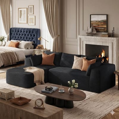 Luxe L-vormige Hoekbank met Slaapfunctie - Modulaire Corduroy 3-zits Bank met Chaise Longue - Comfortabele Aanbouwbank voor Woonkamer - 270 cm - Zwart - Casa Serena – 270 cm – Casa Dorada