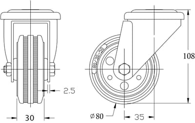 80 mm (3 inch) rubberen zwenkwiel, draaibaar, draagvermogen 140 kg, set van 2