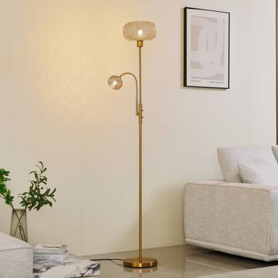 Lindby - vloerlamp - 2lichts - Glas, ijzer - H: 180 cm - E27 - amber, goud