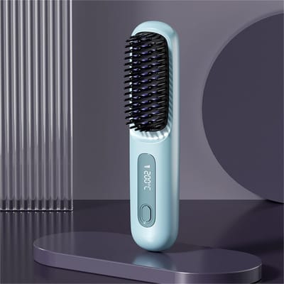 Verwarmde kam Geschikt voor kort haar, oplaadbare draadloze kam, 2-in-1 Geschikt voor stijlen en krullen, 3 temperatuurstanden (blauw).