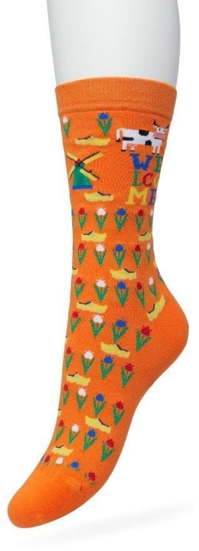 Bonnie Doon Dames Sokken met Klompen Print maat 36/42 Oranje - Thema Sokken - Nederland - Holland - Souvenir - Cadeau Sokken - Word je Happy en vrolijk van - Zacht Katoen met Gladde Teennaad - Perfect Cadeau - Celosia Orange - BT991123.172