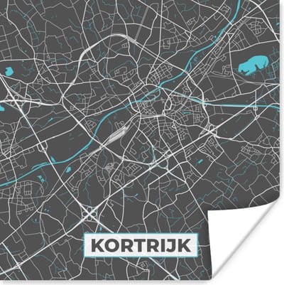 Poster België – Kortrijk – Stadskaart – Kaart – Blauw – Plattegrond - 100x100 cm XXL