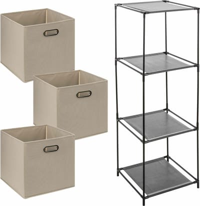 Kastmandjes/opberg manden - taupe - 3x stuks van 29 Liter - In metalen rekje van 34 x 98 cm