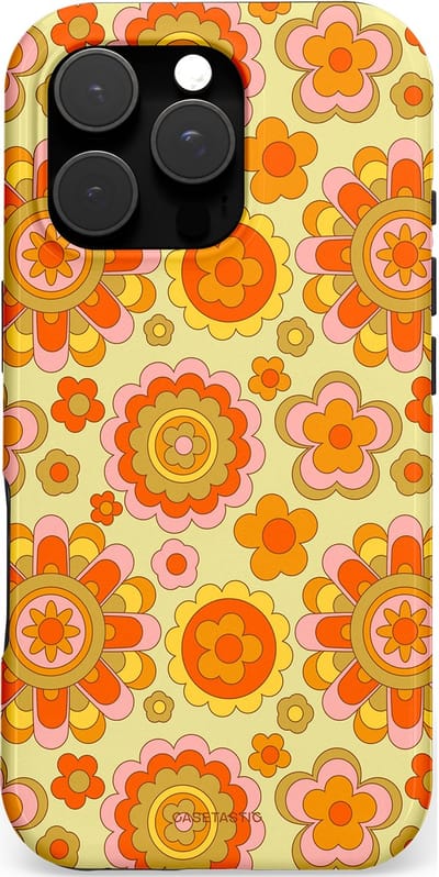 Casetastic hoesje geschikt voor Apple iPhone 16 Pro - MagSafe - Dubbellaagse bescherming - Retro Oranje Bloemen - Fashion Case - Oranje Goud Beige