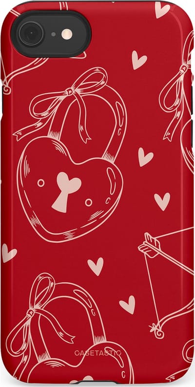 Casetastic Hoesje Geschikt voor Apple iPhone 7/8/SE - Stijlvolle Beschermende Duo-layer Case - Hartendief - Liefdes Slotjes - Valentijn - Valentine - Love - Rood Wit