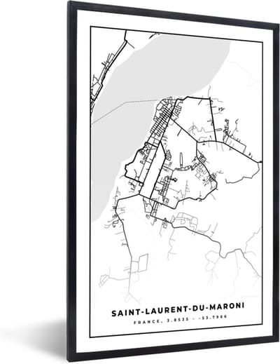 Fotolijst incl. Poster Zwart Wit- Stadskaart - Frankrijk - Kaart - Saint-Laurent-du-Maroni - Plattegrond - Zwart wit - 40x60 cm - Posterlijst