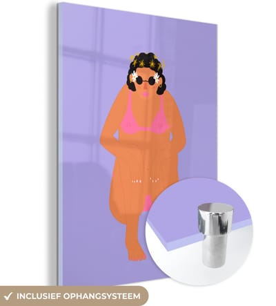 MuchoWow® Glasschilderij 30x40 cm - Schilderij acrylglas - Vrouw - Bikini - Retro - Foto op glas - Schilderijen