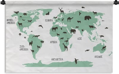 Wandkleed Eigen Wereldkaarten - Kinder Wereldkaart Dieren Wandkleed katoen 120x80 cm - Wandtapijt met foto