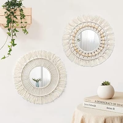 PromoHome 2 stuks Macrame Wandspiegel Decoratieve Ronde Spiegel met Geweven Franje Boho Stijl voor Slaapkamer Woonkamer Babykamer Home Decor