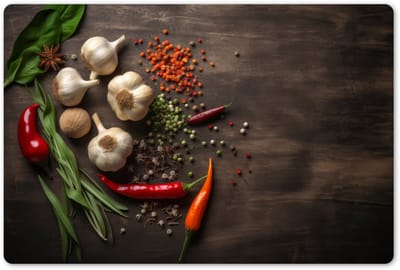 Placemats 45x30 cm - Placemat kunststof - 1 stuk - Peper - Specerijen - Knoflook - Hout print - Kruiden - Borden onderleggers - Decoratie voor op tafel - Keuken tafeldecoratie accessoires - Vinyl onderlegger - Tafelversiering