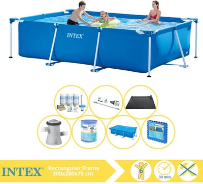 Intex Rechthoekig Frame Zwembad - 300 x 200 x 75 cm - Blauw - Inclusief Solarzeil - Onderhoudspakket - Zwembadfilterpomp - Filter - Stofzuiger - Solar Mat - Vloertegels - 8-delig