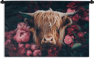 Wandkleed - Wanddoek - Koe - Schotse hooglander - Bloemen - botanisch - 180x120 cm - Wandtapijt