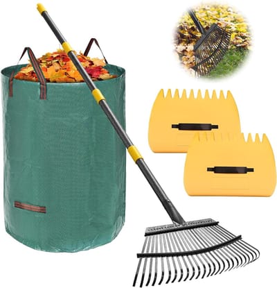 Bladhark Tuinopruimset - Gazonhark Bladverzamelaar - Tuinafval Verzamelen - Robuuste Metalen Tanden - 45 cm Breed 165 cm Steel - Zilver