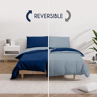 2 dekbedovertrekken 135x200 cm met 2 kussenslopen 80x80 cm - Donkerblauw/Blauwgrijs - 135x200 Bedset in 100% microvezel - 4 stuks -