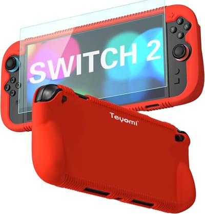 SnelShoppen - Siliconen hoesje Nintendo Switch 2, Schokbestendig, Ergonomische Grip, Gehard Glazen Schermbeschermer, Rood