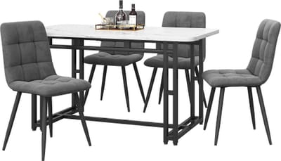 Eettafel met 4 stoelen set Keuken eettafel set Donkergrijs Fluweel Eetkamerstoel Zwart ijzeren poten tafel