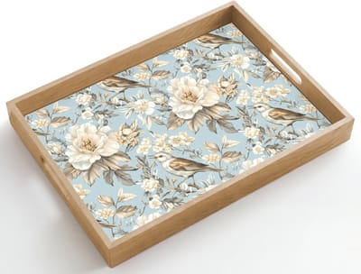 Dienblad hout 50x35 cm - Schootdienblad - Botanisch - Zangvogel - Blauw - Borrelplank rechthoek - Plateau dienbladen