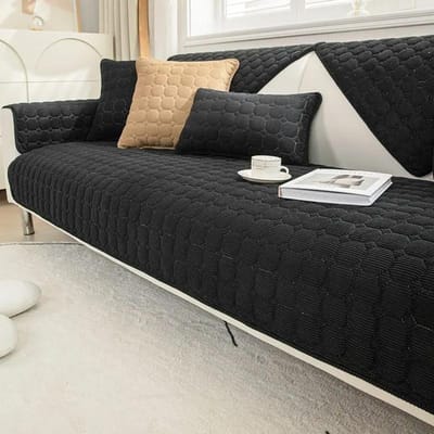 Housse de canapé sectionnelle universelle antidérapante de couleur unie noire, serviette de canapé matelassée en peluche en velours côtelé super douce, housse d'angle en forme de L 70x180cm 1pc