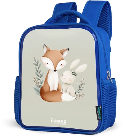 NoBoringSuitcases.com® - Rugzak blauw - Schooltas jongens - Vos en konijn omringd door groene blaadjes - Kinder rugtas jongen - Boekentas kind - Kinderrugzak voor school - Schoolrugzak