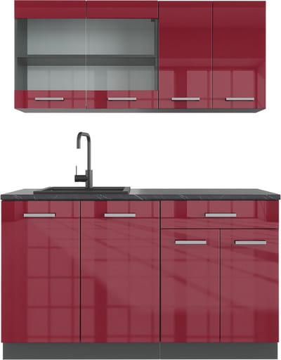 Vicco R-Line Eenpersoonskeuken – 140 cm, WB Marmer Rood hoogglans/antraciet