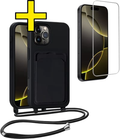 Hoesje Geschikt voor iPhone 16 Pro Telefoonhoesje Met Koord Case Pashouder Met Screenprotector Siliconen - Hoes Geschikt voor iPhone 16 Pro Hoesje Met Kaarthouder - Zwart