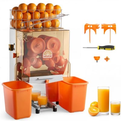 VEVOR Commerciële Sinaasappelpers, Elektrische Citruspers, 120W Roestvrij Staal, Persmachine voor maximaal 20 sinaasappels per minuut, Persmachine voor Citroenen en Citrusvruchten met 2 Plastic Opvangbakken