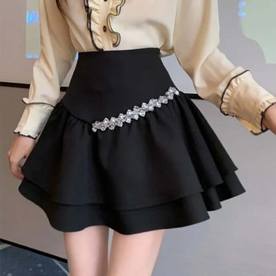 Vrouwen A-lijn rok korte strass decoratie wit hoge taille slanke pofmouw cake rok mini rok zoete casual kantoor dame preppy stijl lente zomer S 35-45kg