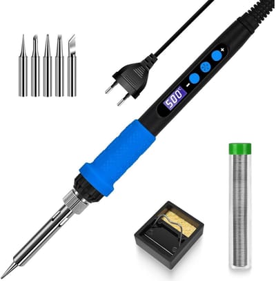 GELLDG Soldeerboutgereedschap - Met LCD-scherm - Soldeerboutset - 90W LED-scherm - Instelbare temperatuur - Met automatische slaapstand - Wordt geleverd met 5 soldeerpunten - Soldeertafel - Soldeergereedschap - Blauw