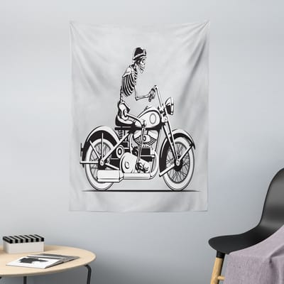 ABAKUHAUS Skelet Wandtapijt, Vintage Halloween Thema Motorrijden met Hoed, 110 x 150 cm, Lichtgrijs/Antracietgrijs
