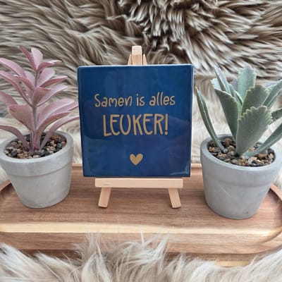 Robuust wenstegeltje “Samen is alles leuker!” – Liefde & Vriendschap Cadeau – Keramiek – Decoratie – Relatie Cadeautje – Vriendschap - Trendy nu – Decoratief Tegeltje met Standaard – Cadeau Idee