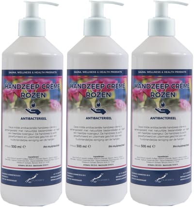 Handzeep Crème Rozen 500 ml - set van 3 stuks - met gratis pomp - Voordeelverpakking