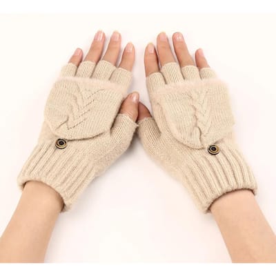 Vingers Gratis Wollen Handschoenen Vrouwen Gebreide Flip Vingerloze Blootgestelde Vinger Dikke Handschoen Wanten Winter Warme Verdikking Vrouwen Wanten One Size beige