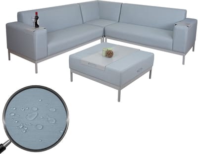 Hoekbank MCW-C47, sofa lounge bank, stof/textiel indoor waterafstotend 245cm ~ blauw met plank