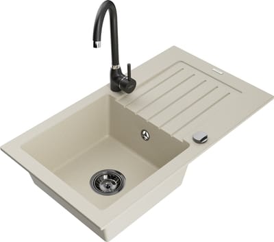Mexen Pablo granieten spoelbak met 1 compartiment met afdruiprek en keukenmengkraan Telma, beige - 6510-69-670200-70