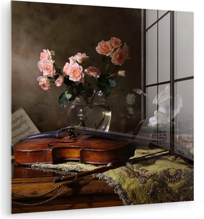 MuchoWow® Glasschilderij 90x90 cm - Schilderij acrylglas - Viool - Rozen - Roze - Bloemen - Stilleven - Foto op glas - Muurdecoratie woonkamer - Wanddecoratie slaapkamer - Schilderijen