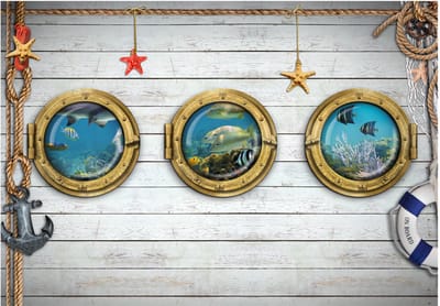 Fotobehangkoning - Behang - Vliesbehang - Fotobehang Uitzicht op Zee door de Boot - Kinderbehang Tree portholes - 150 x 105 cm