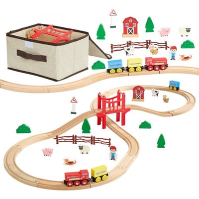 VEVOR Houten Treinset, 39-Delig, Treinspeelgoed met Magnetische Treinen en Accessoires, Compatibel met De Meeste Merken, Miniatuurstadontwerp, Kerst- en Verjaardagscadeau voor Kinderen vanaf 3 Jaar