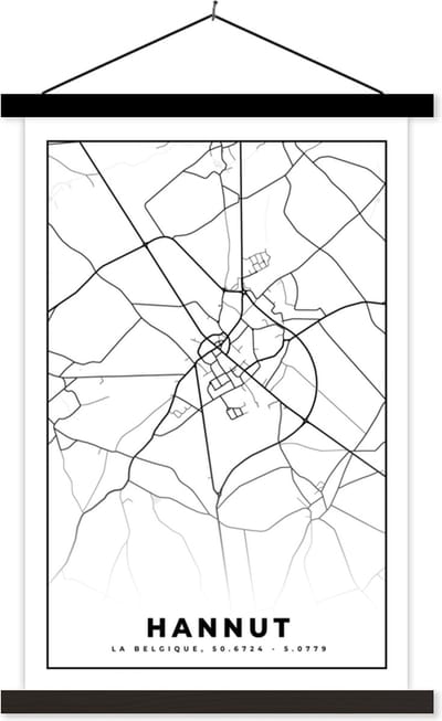 Posterhanger incl. Poster 40x60 cm - Schoolplaat - België – Hannut – Stadskaart – Kaart – Zwart Wit – Plattegrond - Textielposter - Zwarte latten - Stadskaart