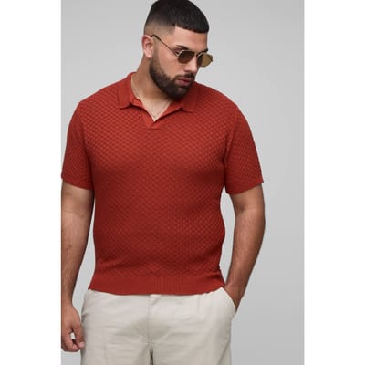 Plus Regular Fit Micro Ruit Gehaakte Polo Shirt | Burnt Orange | Size 2XL