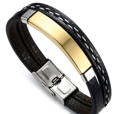 Zwarte heren armband – glad en gevlochten imitatieleer – goudkleurige metalen plaat – met witte stiksels en zilverkleurige sluiting