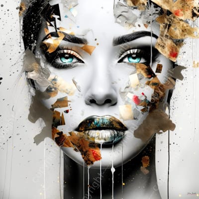 John Joseb Art (Aluminium) 100x100 | Vrouw met goud in geschilderde stijl, grunge, kunst | abstract, mens, lippen, ogen, deels zwart wit, turquoise, modern | foto-schilderij op dibond, metaal wanddecoratie